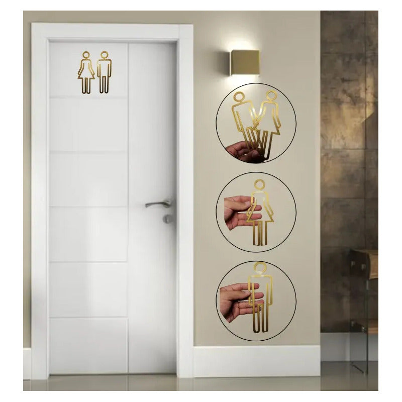Kit 3 Placas Banheiro Masculino Feminino Cadeirante Sinaliza Dourado-escuro