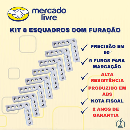 Kit 8 Esquadros 90o Marcenaria, Gavetas, Nichos 100x100mm Branco