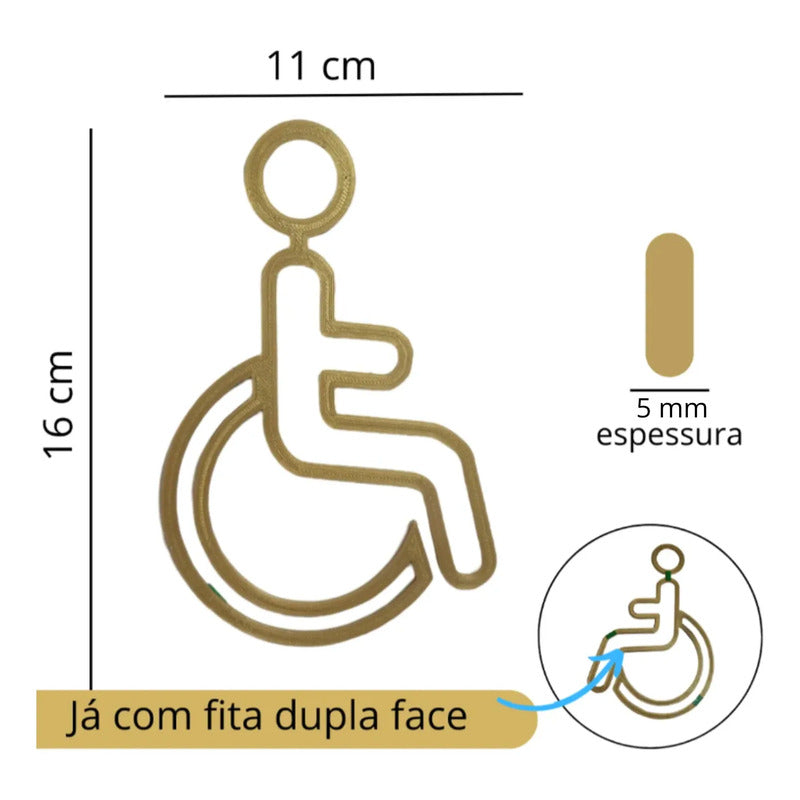 Kit 3 Placas Banheiro Masculino Feminino Cadeirante Sinaliza Dourado-escuro