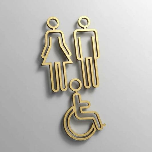 Kit 3 Placas Banheiro Masculino Feminino Cadeirante Sinaliza Dourado-escuro