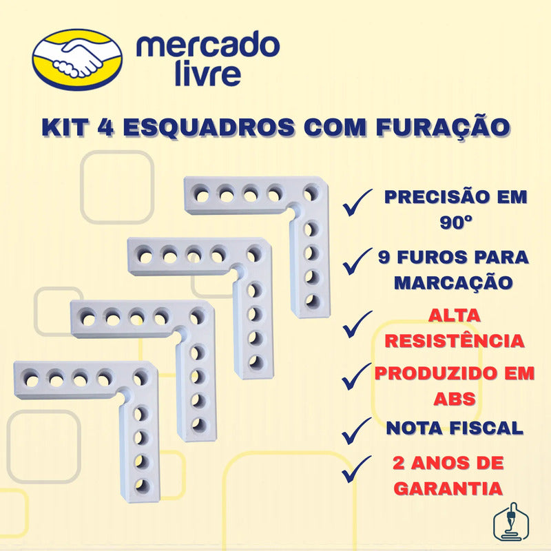 Kit 4 Esquadros 90o Marcenaria, Gavetas, Nichos 100x100mm Branco