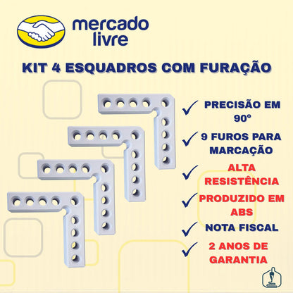 Kit 4 Esquadros 90o Marcenaria, Gavetas, Nichos 100x100mm Branco